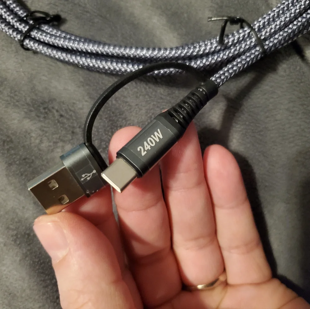Elbow Braided USB-C to USB-C Charger for Cells w/ removable USB-A for Computers